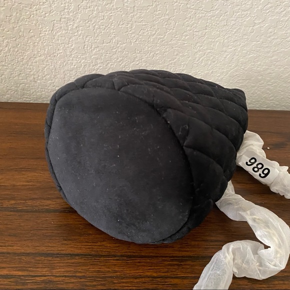 Black Quilted Velour Bling Ball Drawstring Mini Bucket Chain Crossbody Bag | B7 - Picture 5 of 10